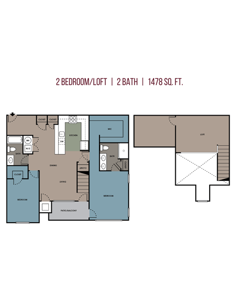 Floor plan for 2 beds, 2 baths